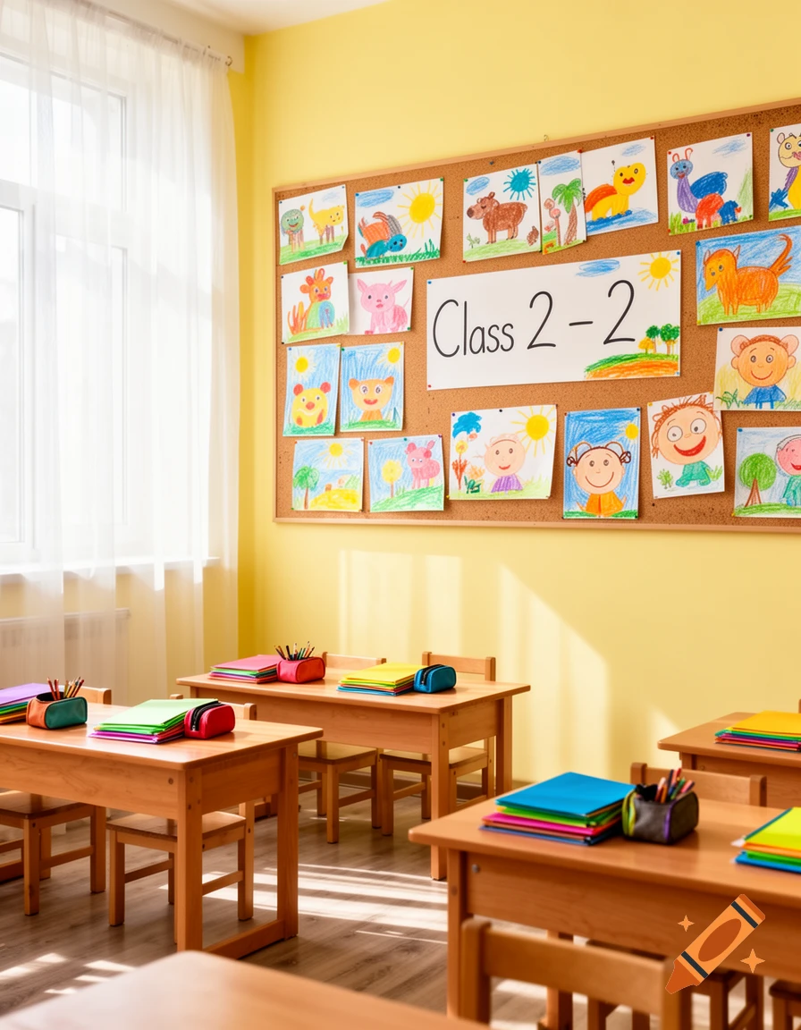 A well-lit classroom with wooden desks and chairs, a cork board displaying children's drawings, and "Class 2-2" on the wall.