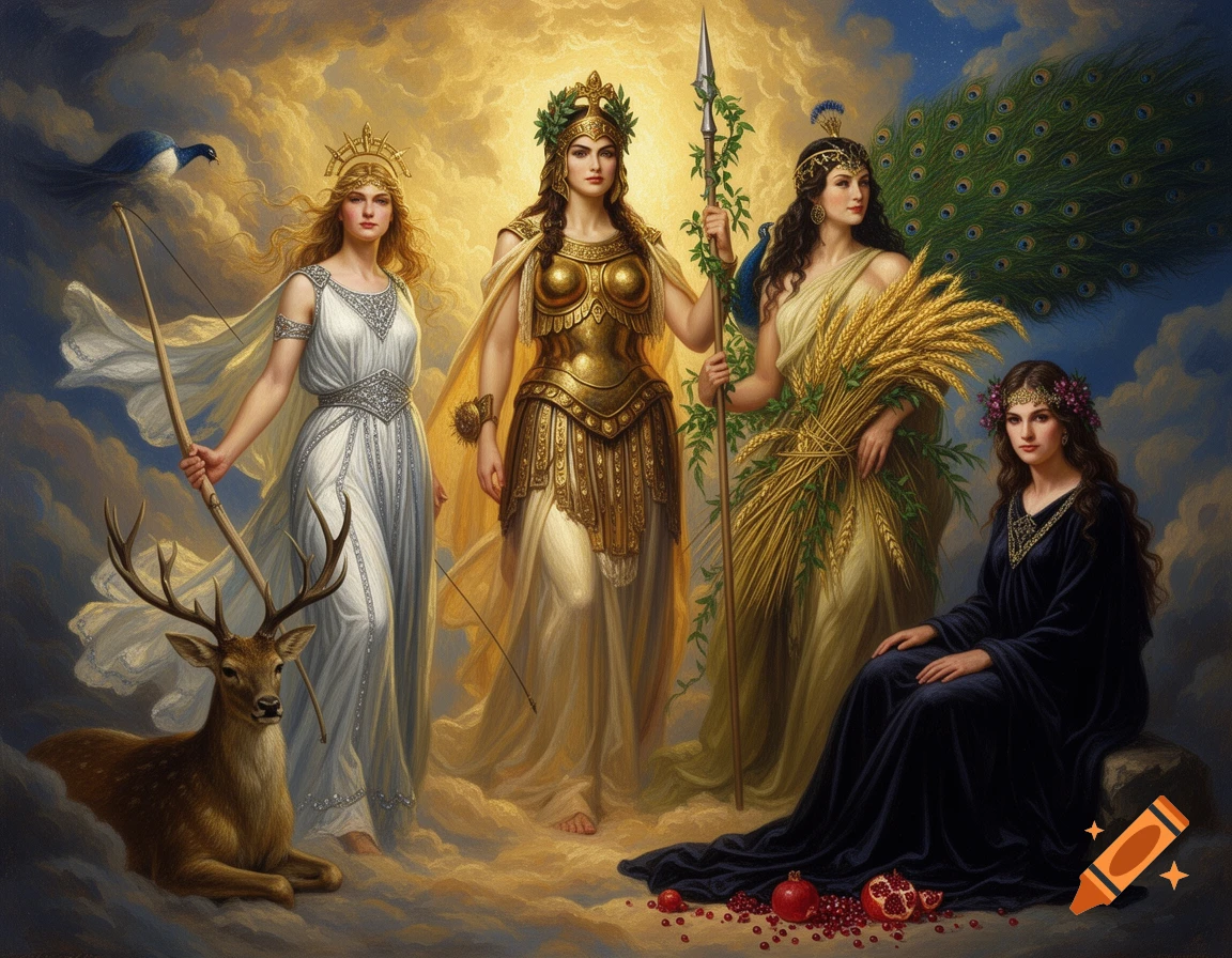 A classical painting of four goddesses: one with a deer and bow, one in gold armor, one with peacock feathers and wheat, and one with pomegranates, against a cloudy, golden sky.