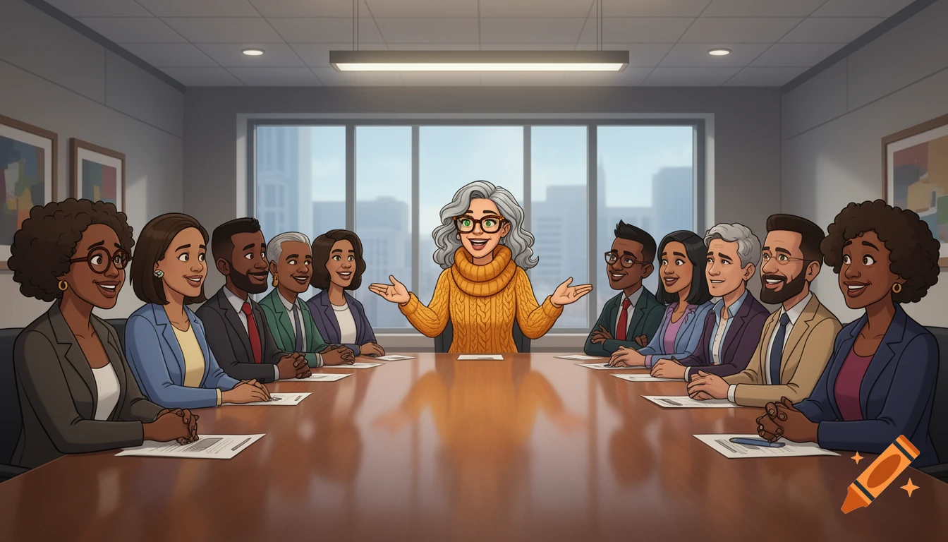 A diverse group of university faculty members in a modern cartoon-style meeting. A woman with grey hair leads the discussion at a large conference table.