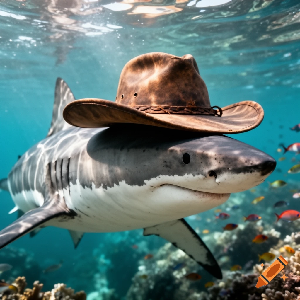 A photorealistic great white shark wearing a brown cowboy hat swims underwater amidst coral and small fish.