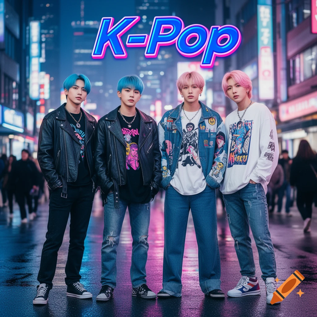 Four K-Pop idols with brightly colored hair stand on a wet city street at night under a neon K-Pop sign, wearing stylish jackets and jeans.
