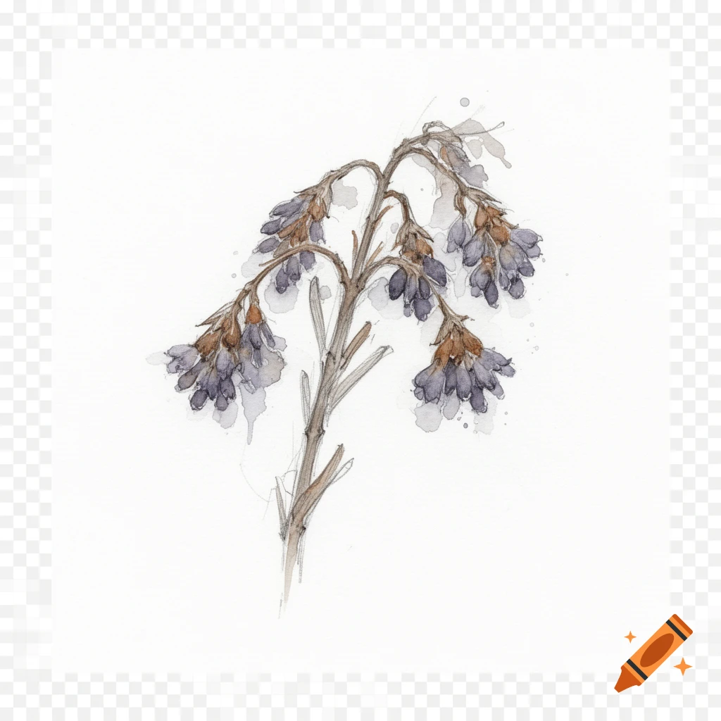 Watercolor and ink sketch of a drooping lavender sprig with purple-grey florets and a dry stem on a white background.