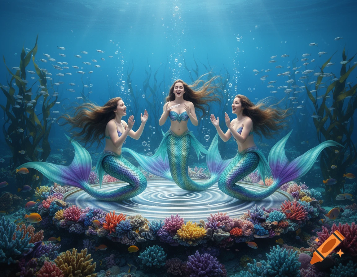Three mermaids with colorful tails sing in a vibrant underwater coral reef, surrounded by fish and bubbles.