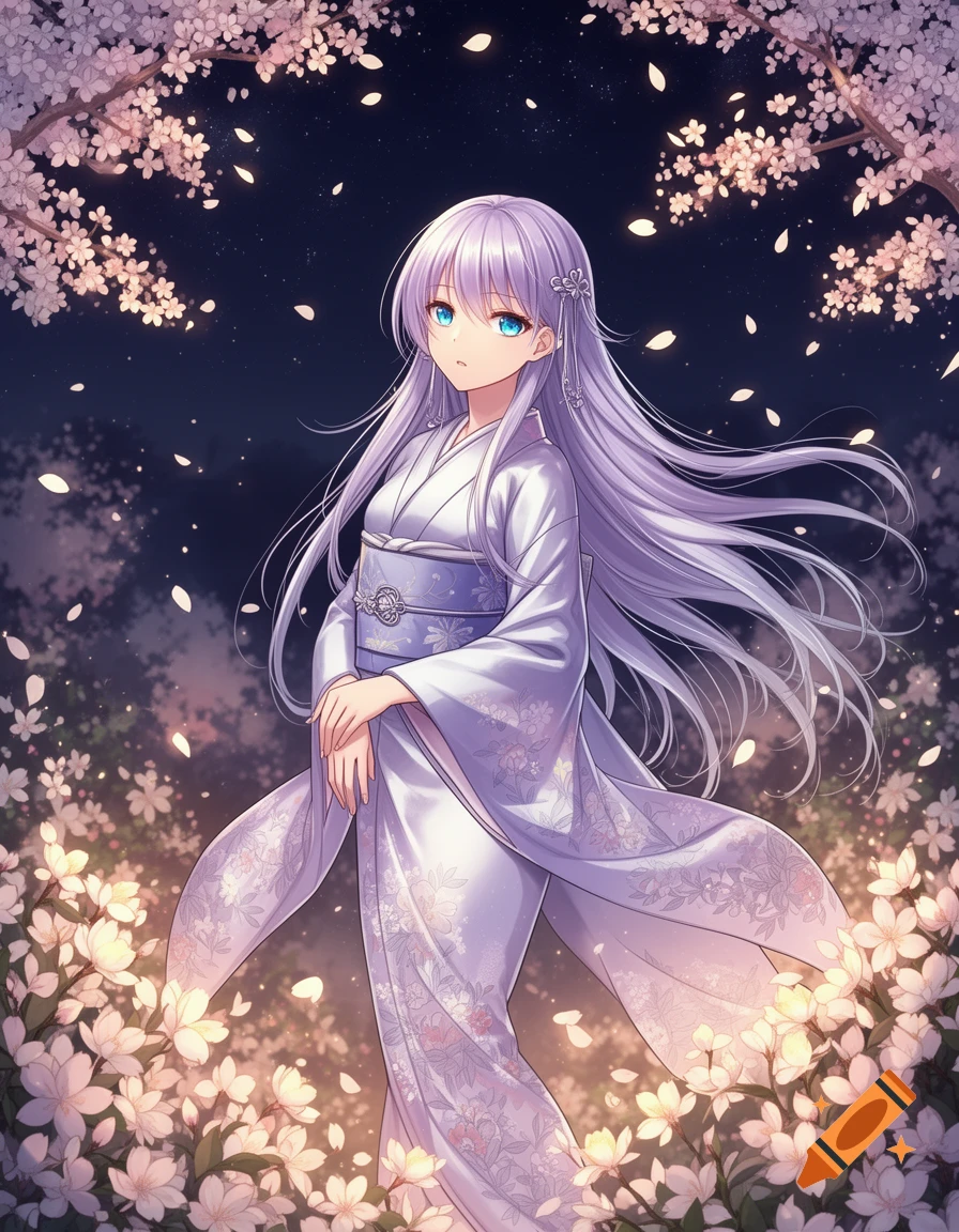 An anime girl with long purple hair and blue eyes, wearing a white ...
