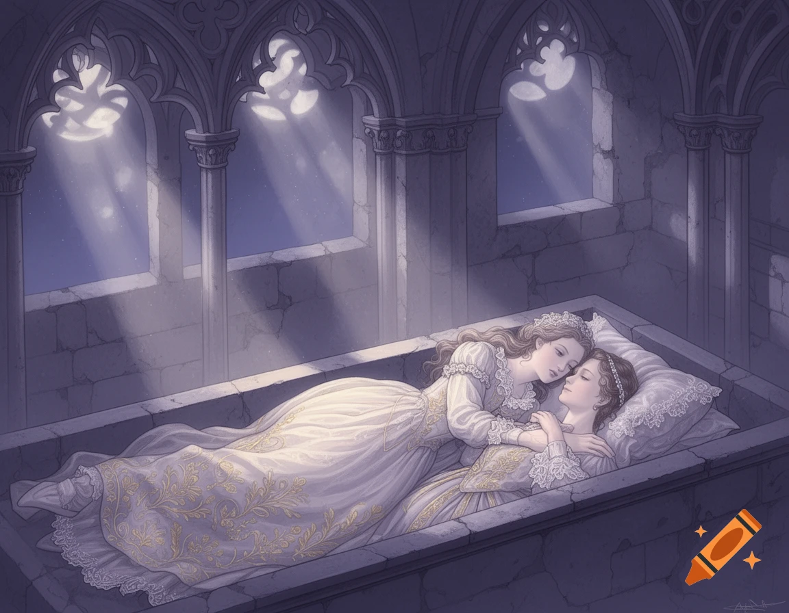 Two young women in Renaissance gowns embrace in a stone tomb ...