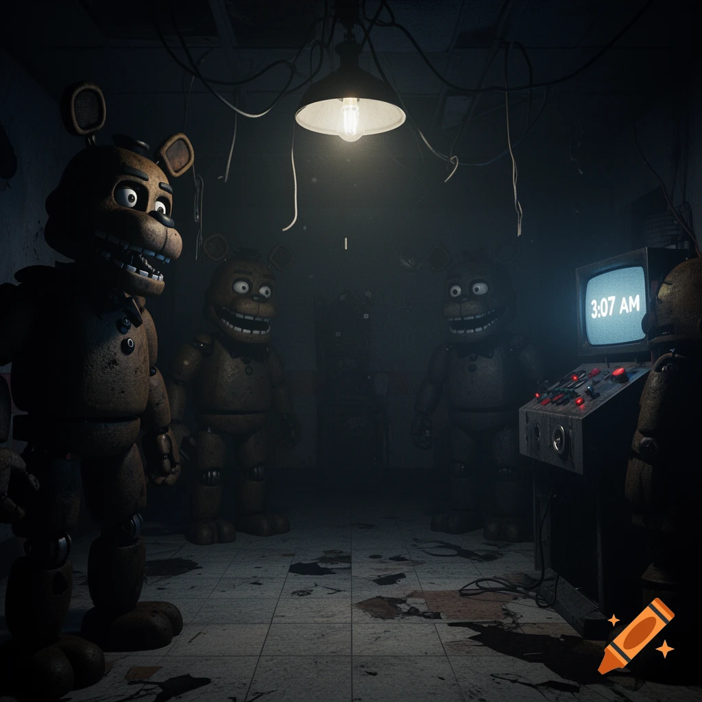 Eerie photorealistic scene of Freddy Fazbear and other animatronics in a dark, grimy room, with a monitor displaying 3:07 AM.