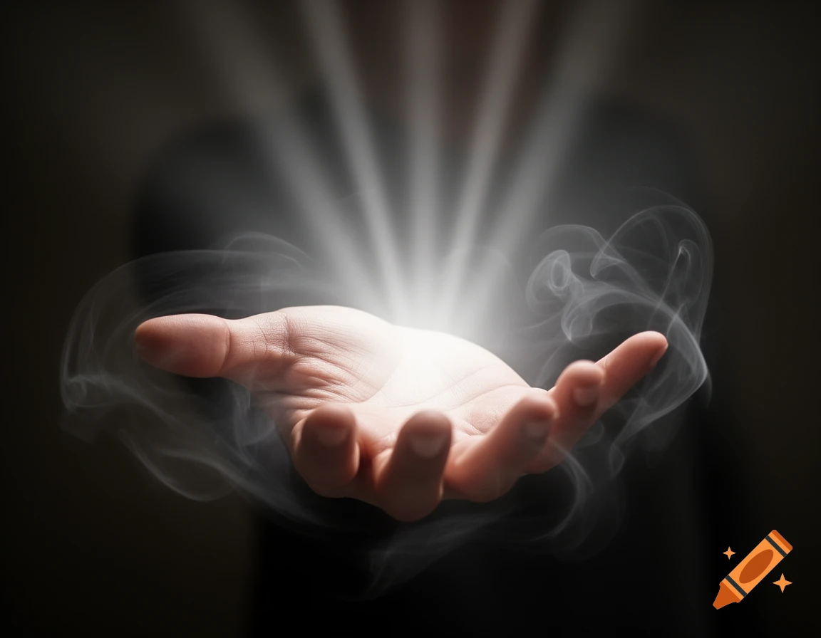 A human hand with an open palm glows brightly, radiating light upwards amidst swirling smoke on a dark background.