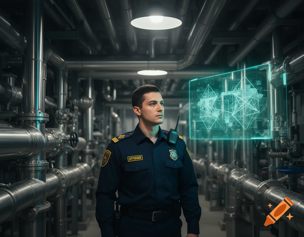 Photorealistic image of a security officer in a dark industrial complex, looking at a glowing blue holographic display.