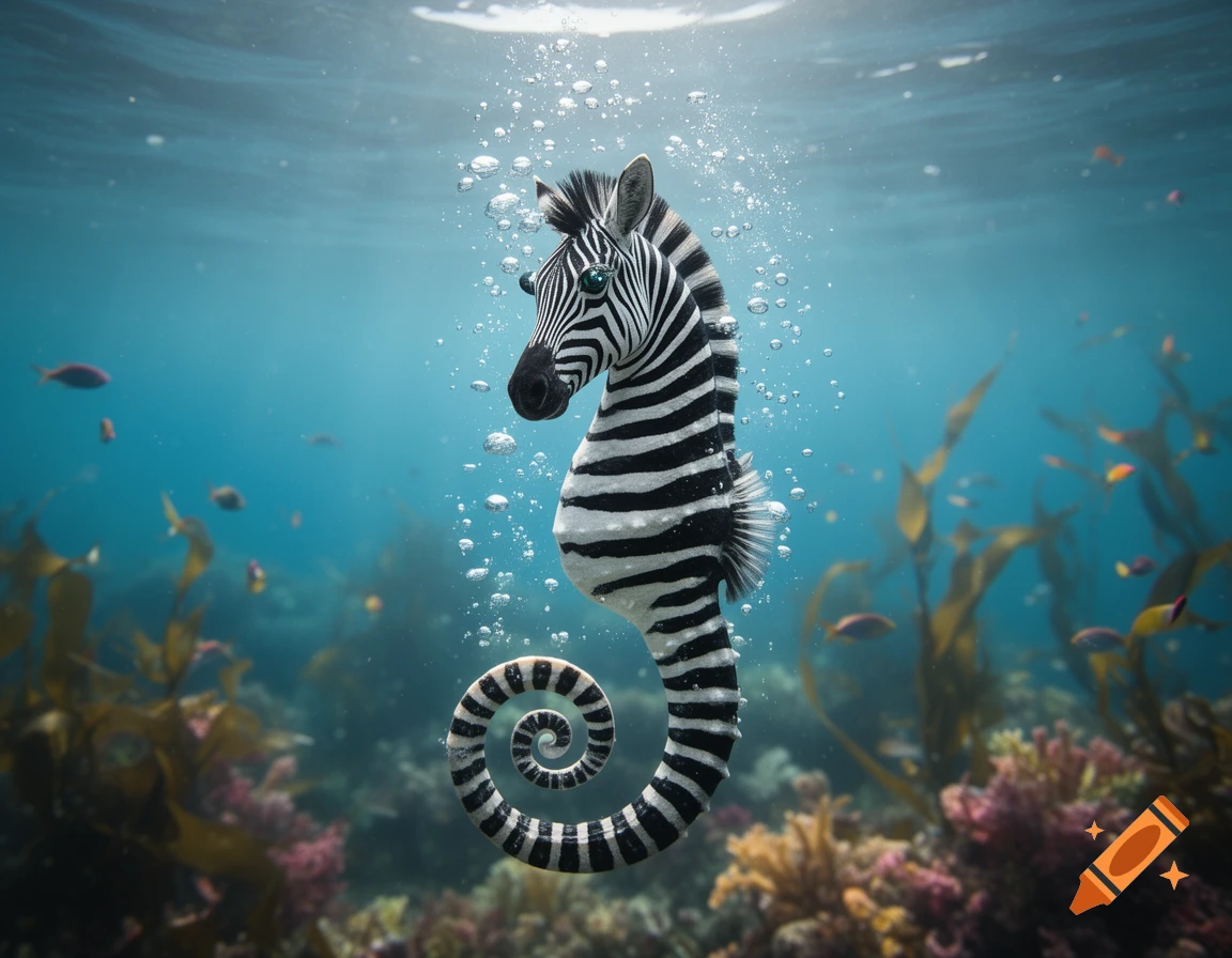 A photorealistic zebra seahorse hybrid floats underwater amidst bubbles, coral, and small fish.