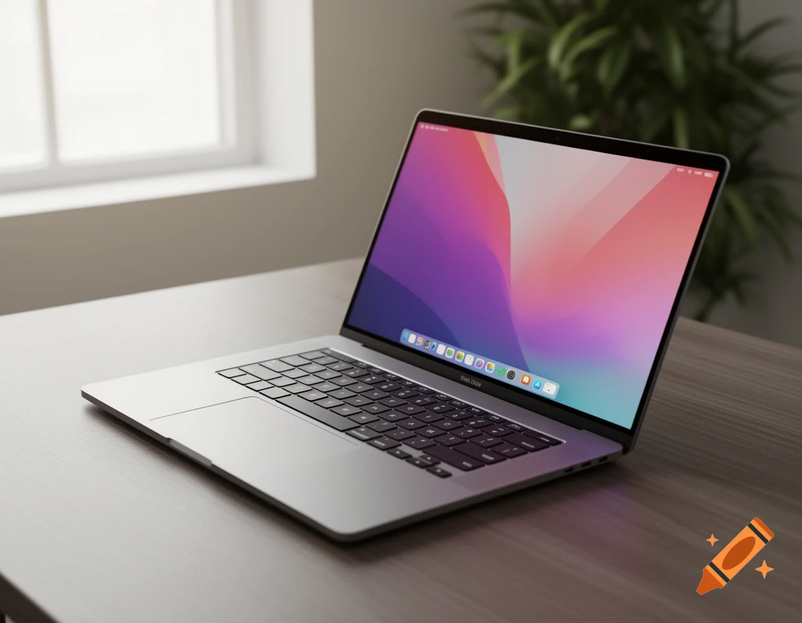 A silver laptop with a colorful abstract wallpaper and app dock on its screen, sitting on a wooden desk.