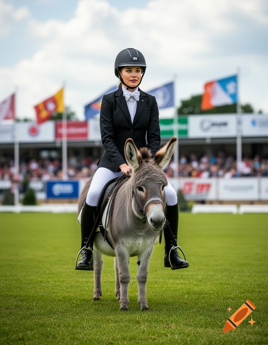 A woman in a black riding jacket and helmet rides a donkey on a green grass field during an equestrian event.