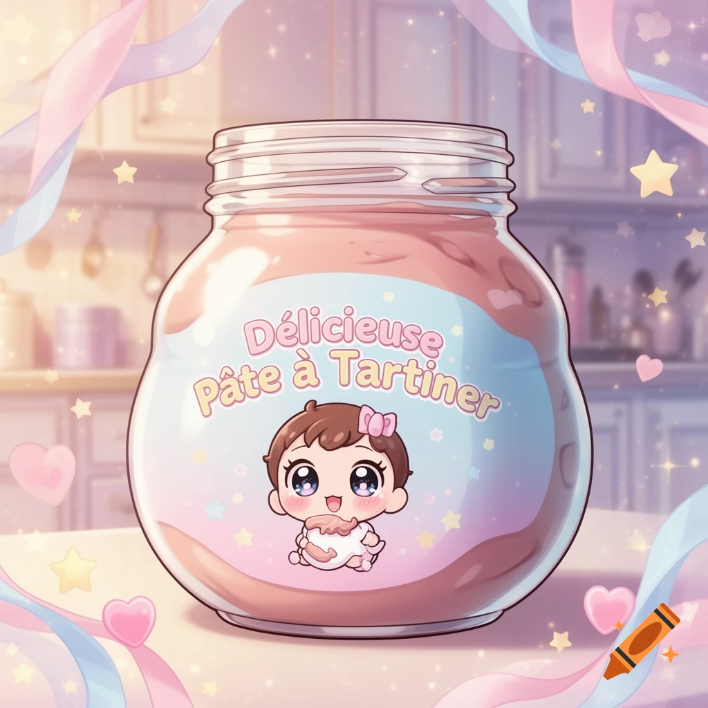 A kawaii-style jar of "D licieuse P te Tartiner" with a cute baby on the label, surrounded by pastel ribbons, stars, and hearts in a kitchen.