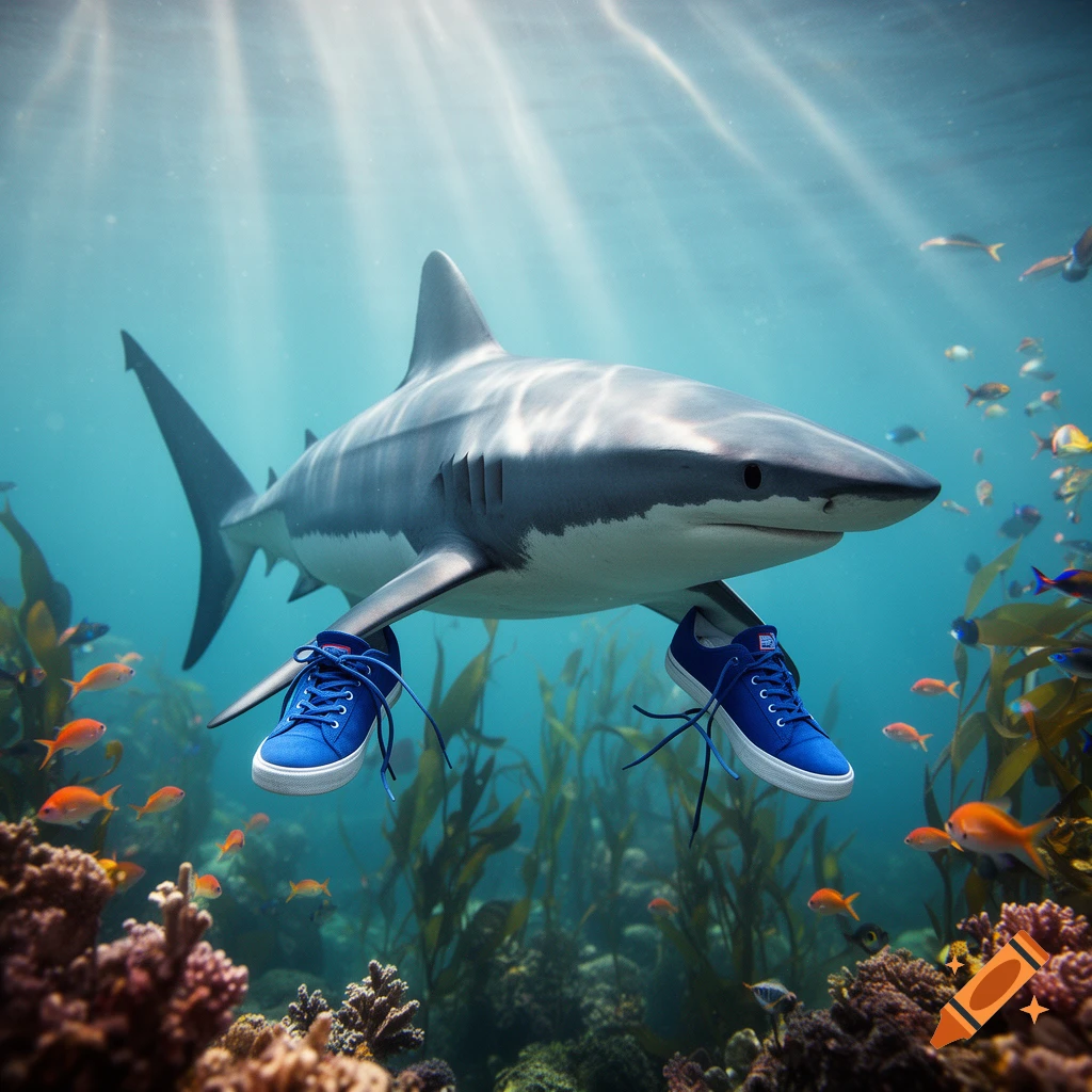 A photorealistic great white shark underwater, comically wearing bright blue sneakers amidst coral and small fish.