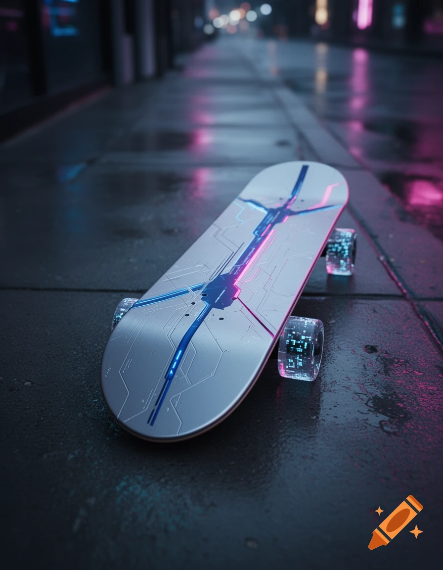A futuristic skateboard with glowing cyberpunk designs on a wet city street at night, reflecting neon lights.
