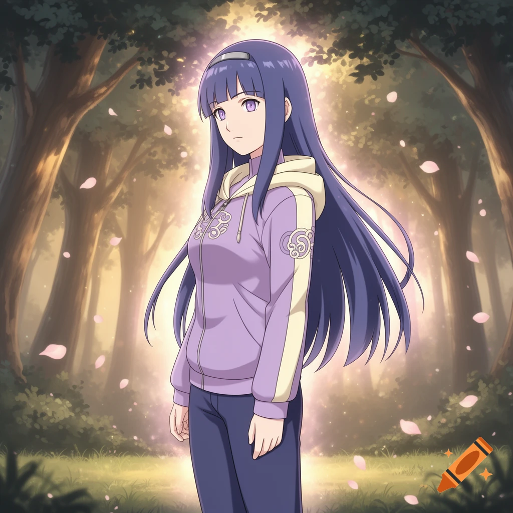 Anime character Hinata Hyuga, with long dark purple hair and purple eyes, wears a purple track jacket in a glowing forest with falling pink petals.