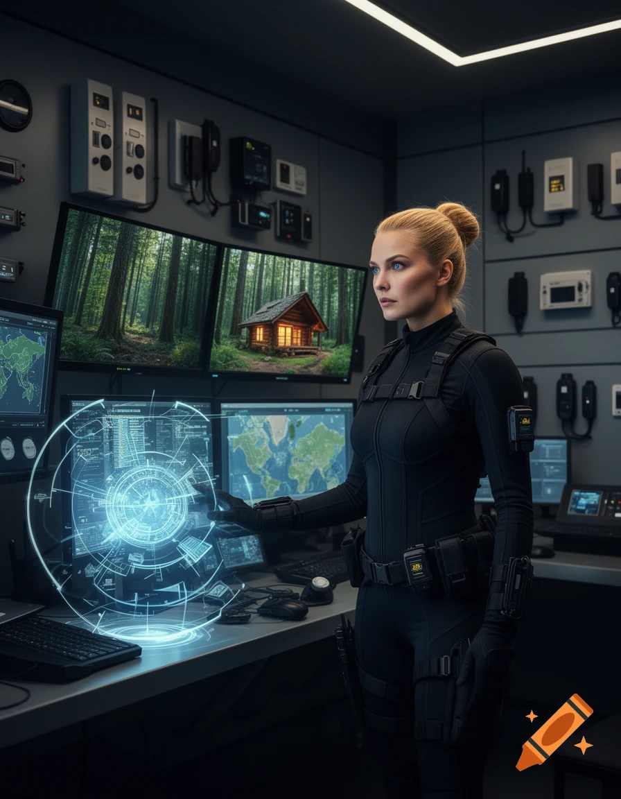 Woman in black tactical suit interacts with holographic interface in a futuristic control room; monitors show maps and a forest cabin.