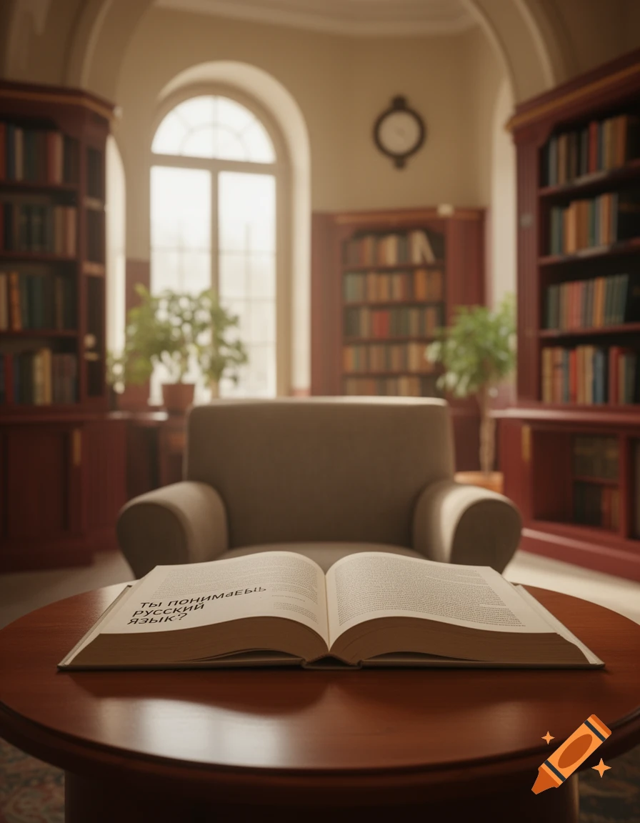 An open book with Cyrillic text lies on a round wooden table in a dimly lit library with bookshelves and a large window.