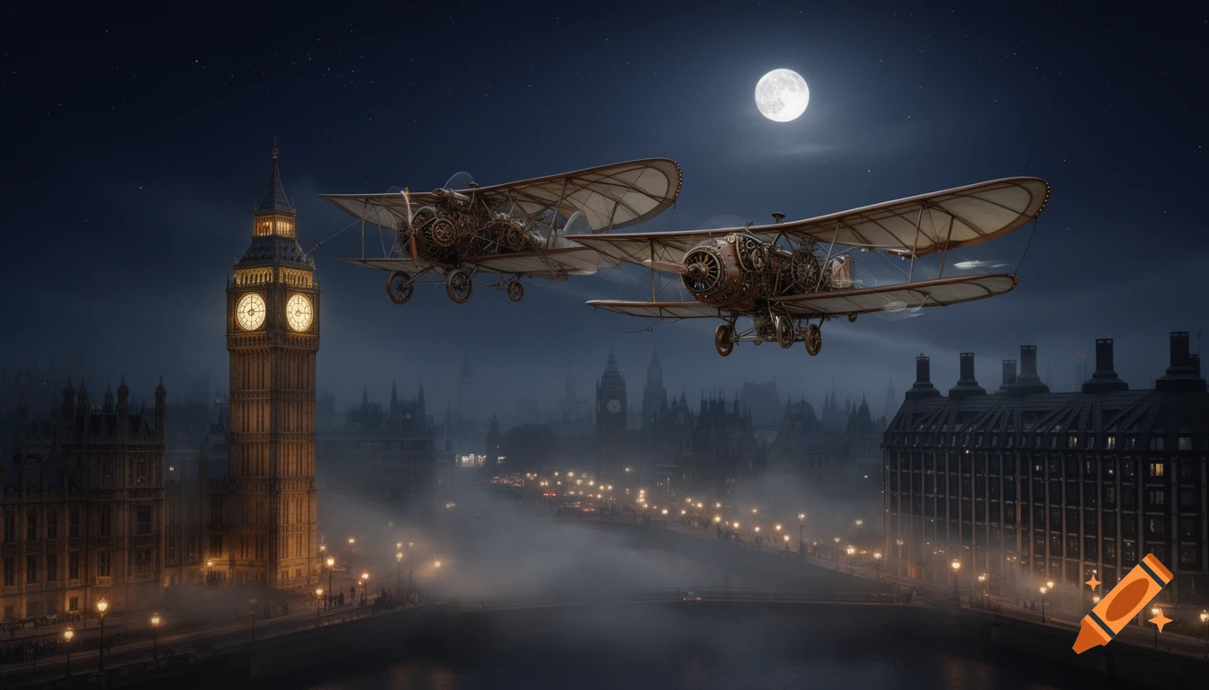 Two ornate steampunk biplanes fly low over a foggy London cityscape at night, with Big Ben and a full moon in the sky.