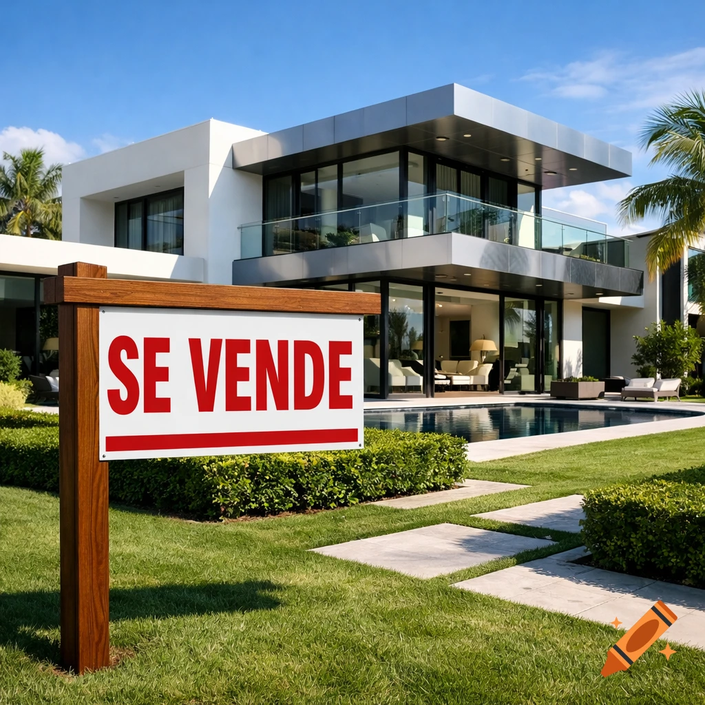 Photorealistic modern luxury house with a 'SE VENDE' (For Sale) sign in the green front yard on a sunny day.