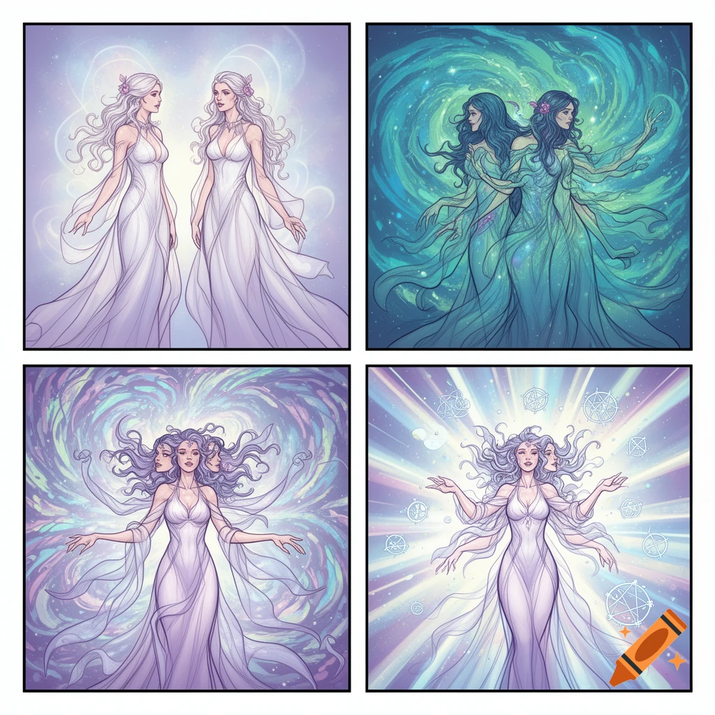 A 4-panel comic showing two ethereal women in white dresses gradually fusing into a single multi-headed, multi-armed being, surrounded by glowing energy.