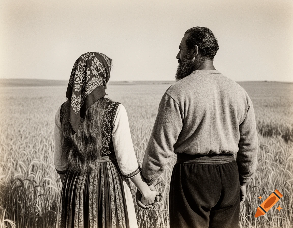 Sepia-toned photo of a man and woman in traditional Greek clothing, holding hands, looking out at a wheat field.