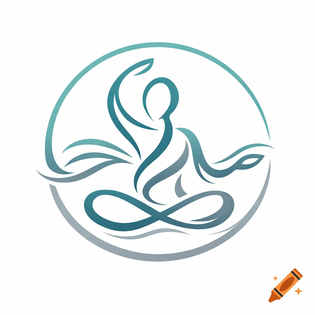 Stylized turquoise and gray line art logo of a figure in a meditation pose within a circle.