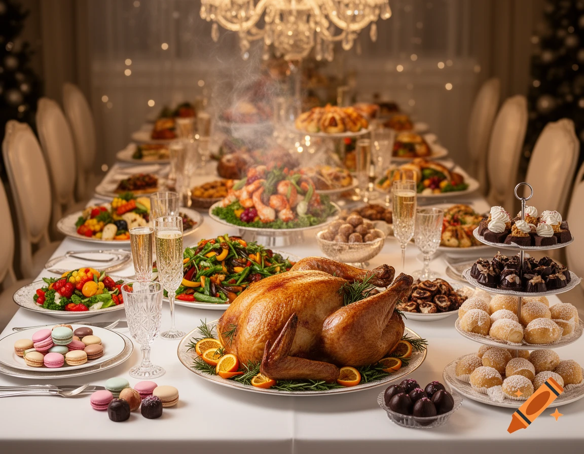 A luxurious dining table laden with a grand roasted turkey, various side dishes, champagne, and an array of desserts.