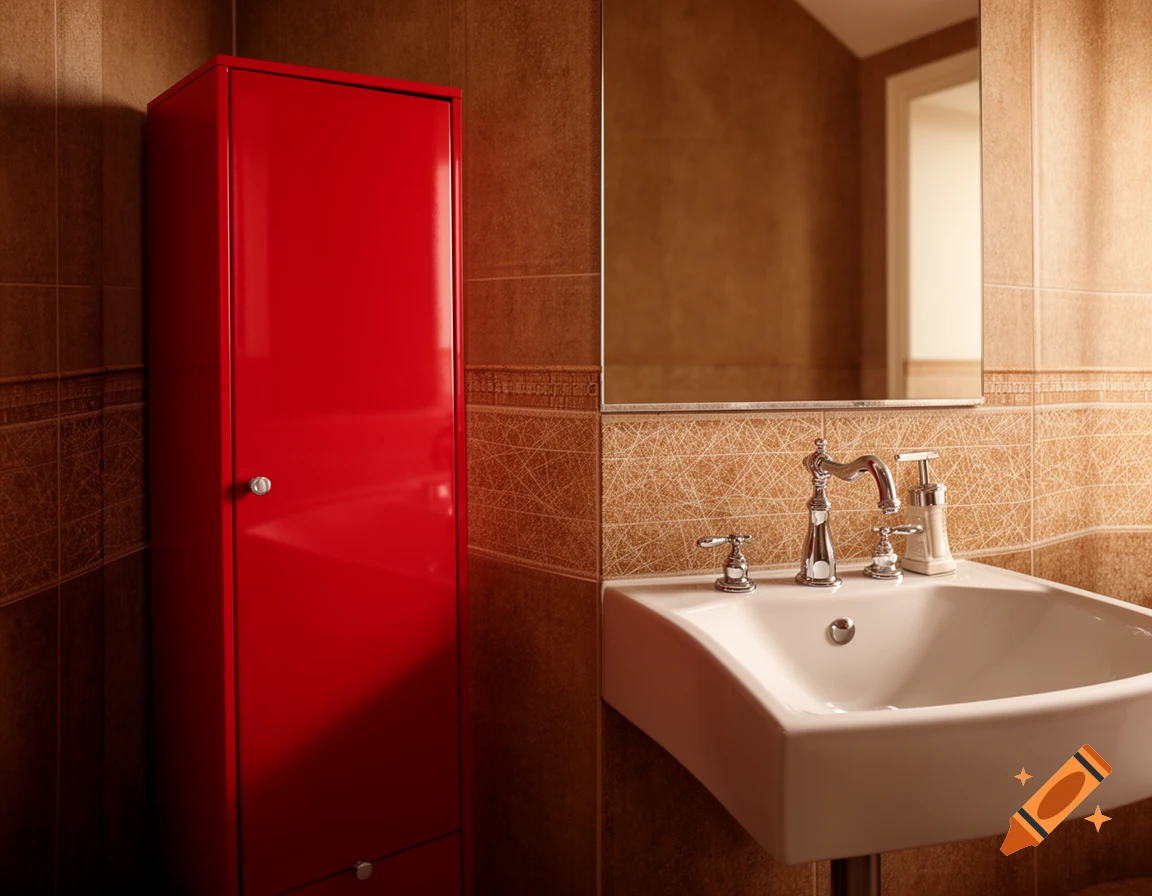 A brown tiled bathroom with a red storage cabinet to the left of a white sink with a faucet and mirror.