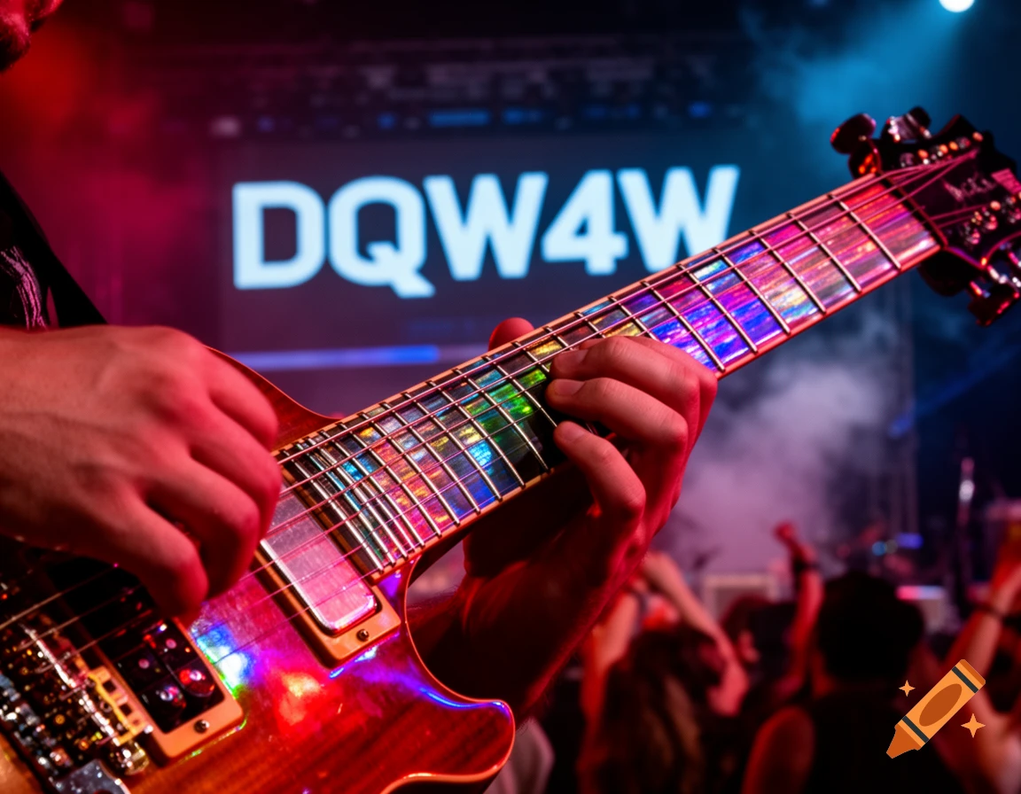 Close-up of hands playing an electric guitar on stage at a concert, with "DQW4W" displayed on a screen in the background.