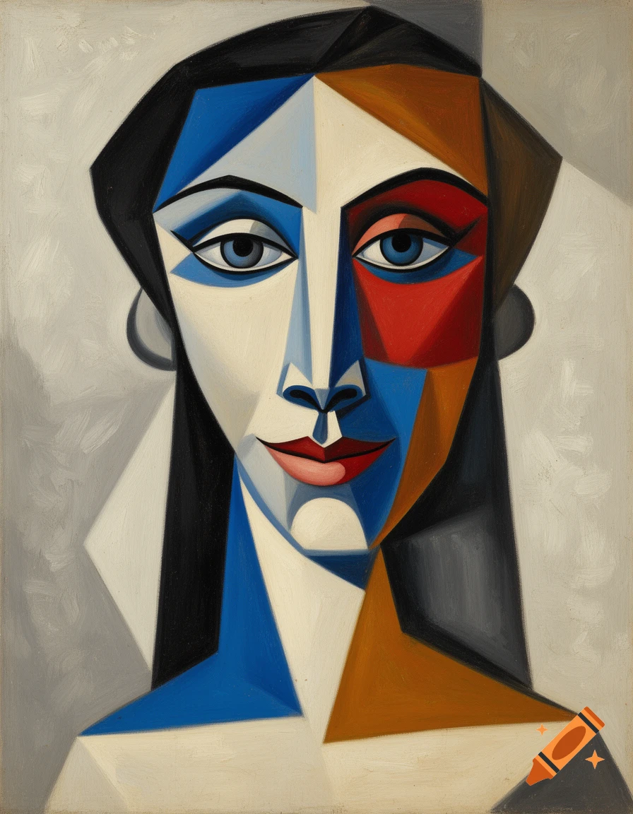 A cubist-style oil painting portrait of a woman with geometric facial features in blue, red, brown, white, and black.