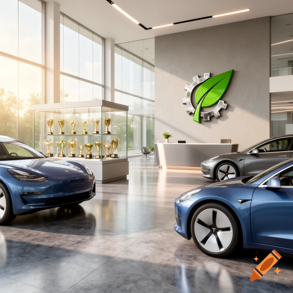 Bright, modern car showroom with three blue and silver electric cars, a trophy case, a reception desk, and a large green leaf and gear logo on the wall.