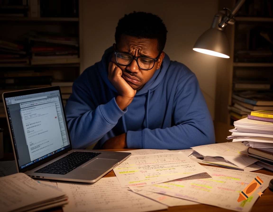 An overwhelmed African American male student with glasses in a blue hoodie studying at a desk filled with papers and a laptop, lit by a desk lamp.