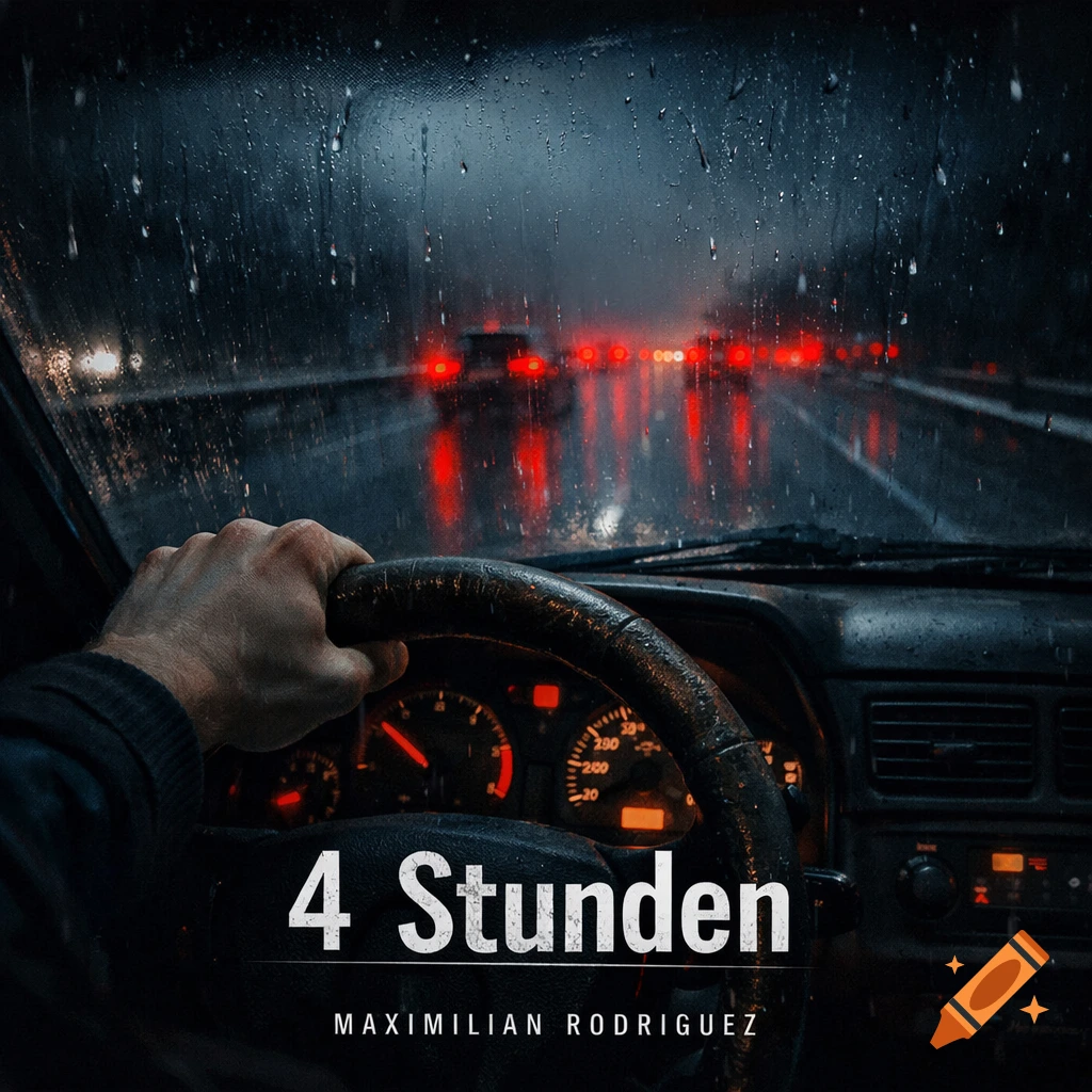 A driver's hand on a steering wheel, looking through a rain-streaked windshield at red taillights on a dark highway at night. Text '4 Stunden' and 'Maximilian Rodriguez' as an album cover.