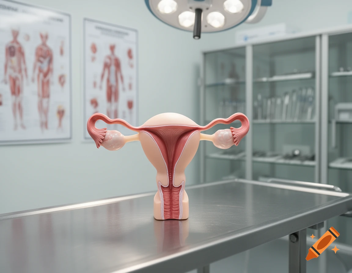 Photorealistic image of a uterus and fallopian tube model on a metal medical table in a clinic setting.