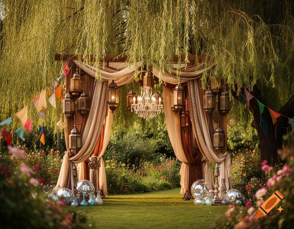 A decorated wedding arch in a lush garden under a willow tree, featuring lanterns, flowing fabrics, a crystal chandelier, and disco balls.