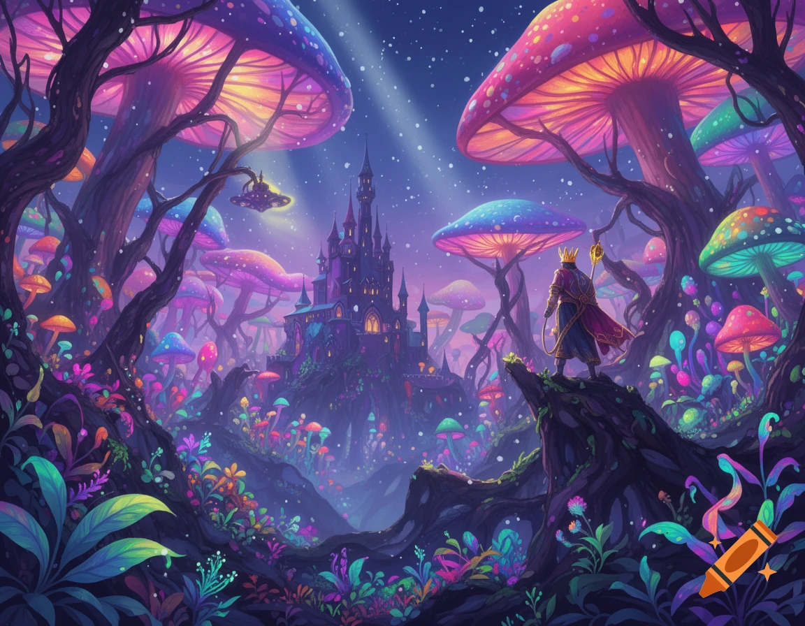 A vibrant fantasy illustration of a king in a psychedelic mushroom forest looking at a distant castle under a starry sky.