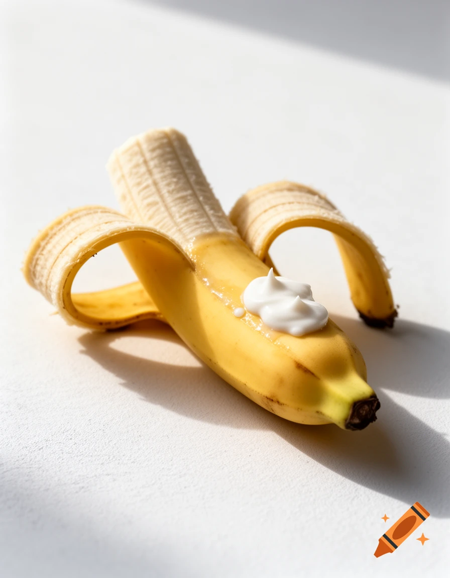 A partially peeled banana with a dollop of white cream on its tip, resting on a white surface.
