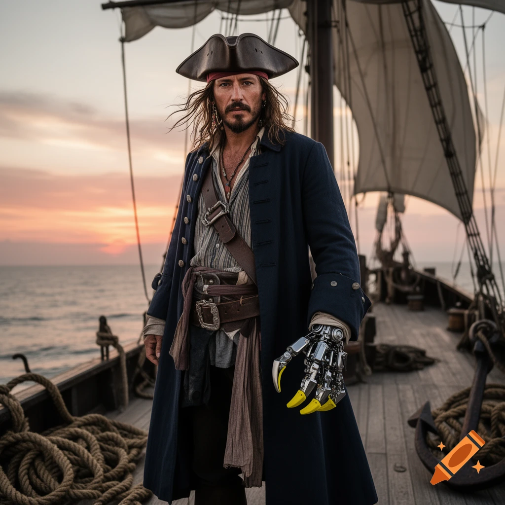 A photorealistic image of a pirate with long hair and a mechanical claw hand standing on a ship deck at sunset.