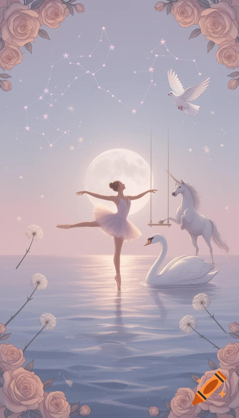A dreamy pastel image of a ballerina dancing on water with a full moon, constellations, a unicorn, a swan, and a flying dove, framed by roses.