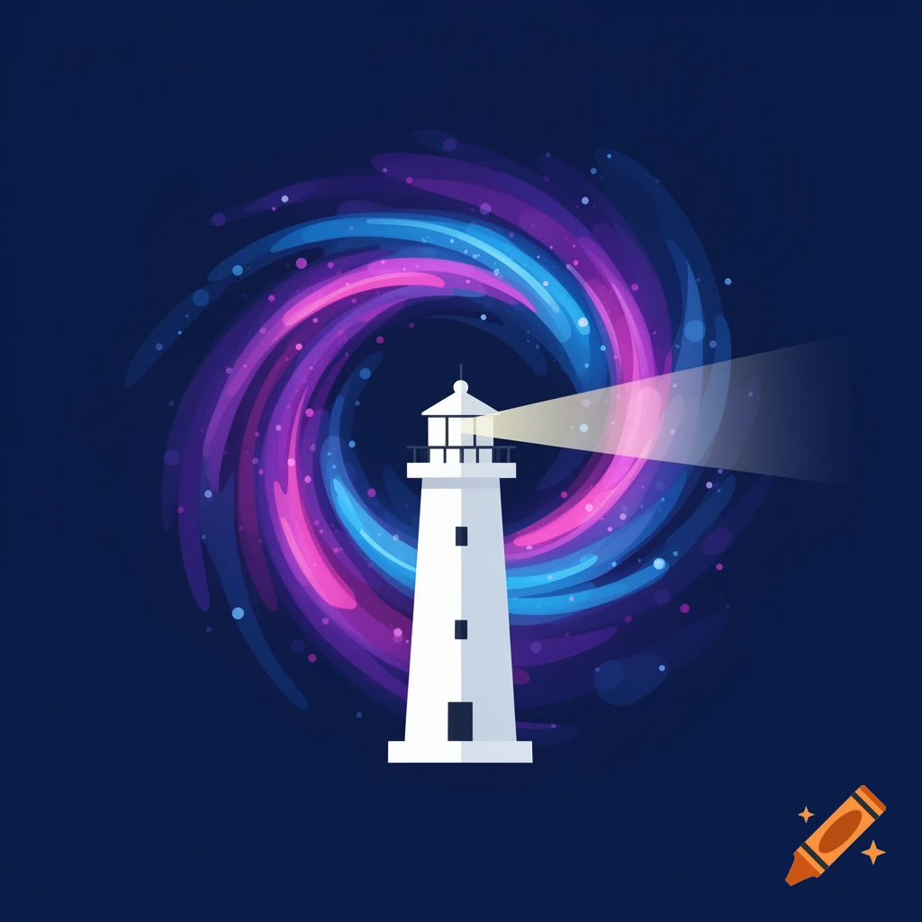 A flat illustration of a white lighthouse with a beam of light shining into a swirling pink and blue galaxy against a dark background.