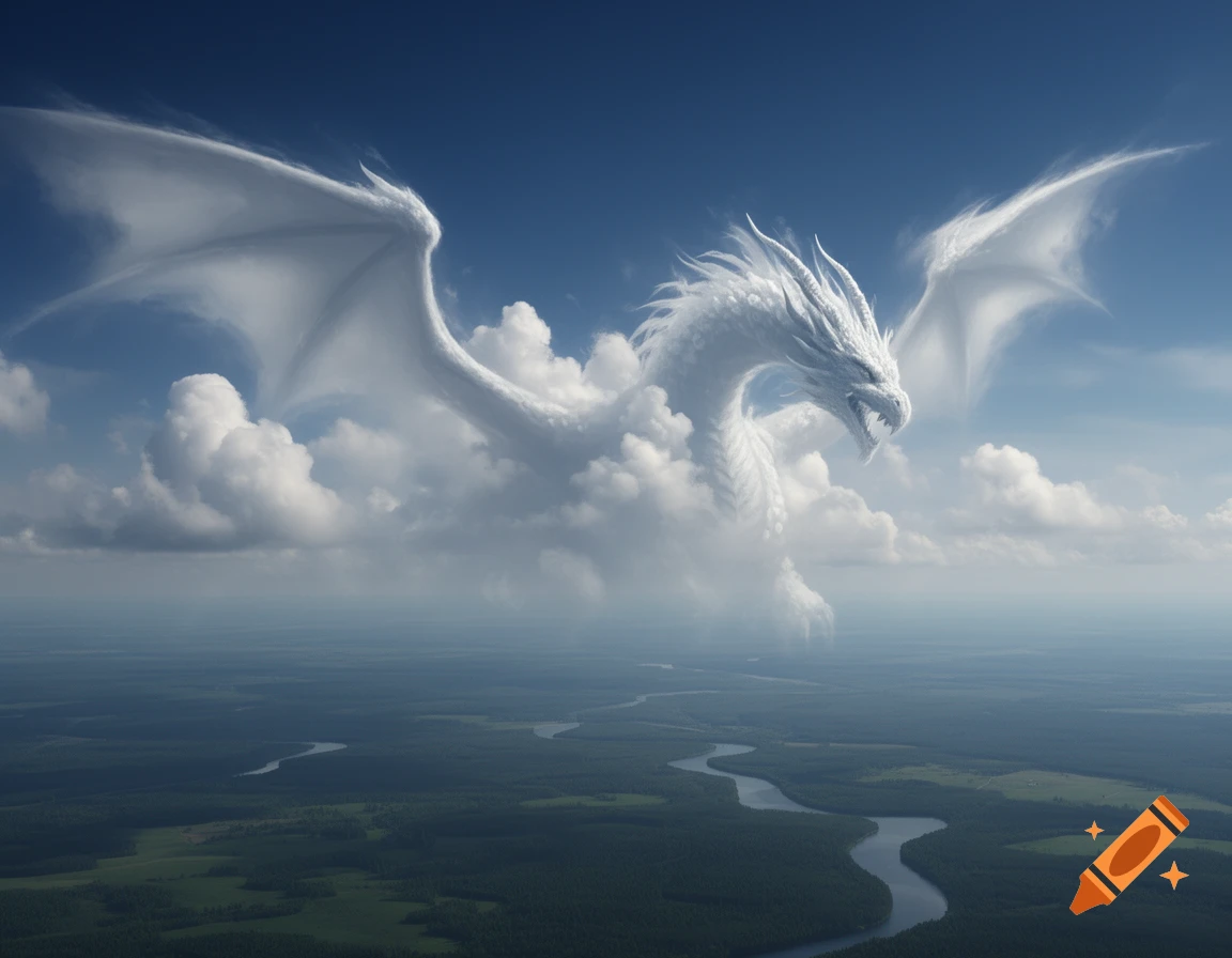 A majestic white cloud dragon with large wings soars high in a blue sky above a vast green landscape with winding rivers.
