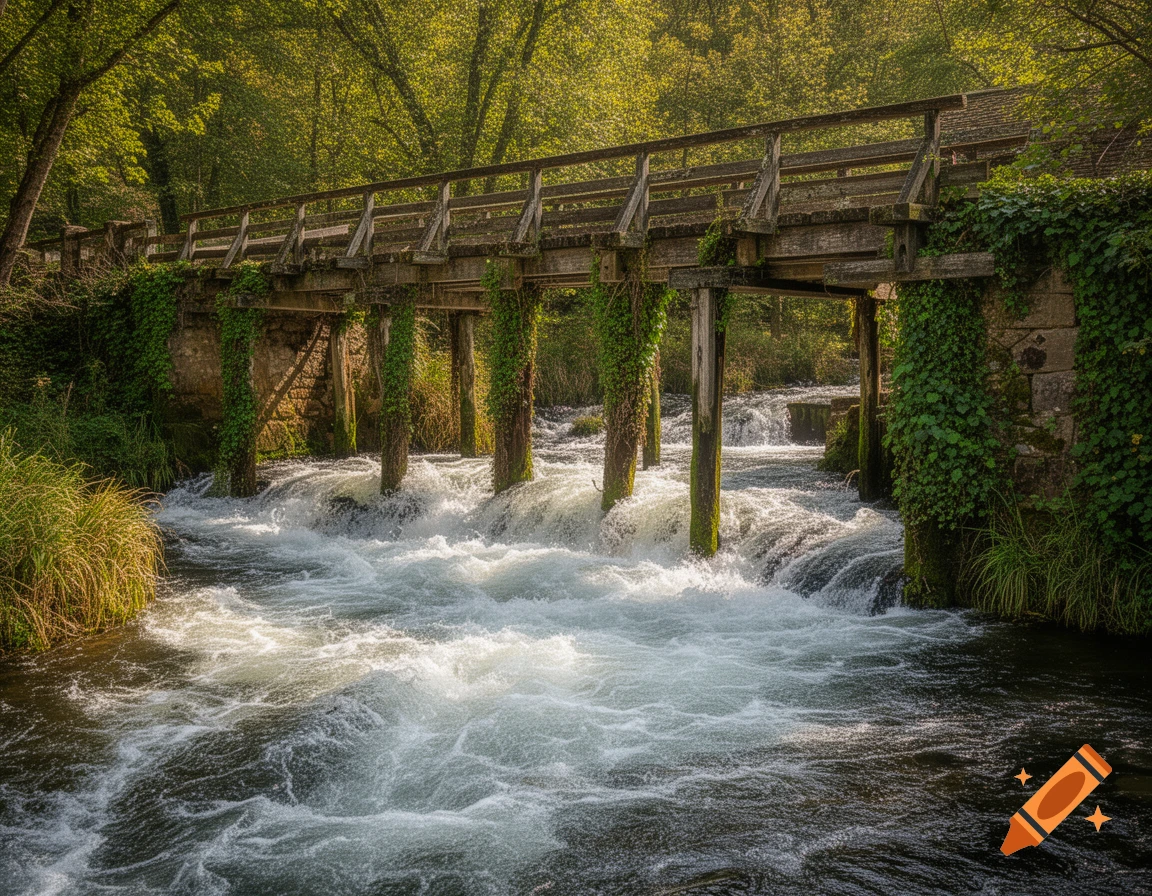 A rustic wooden bridge spans a fast-flowing river with rapids, surrounded by lush green foliage and trees under sunlight.