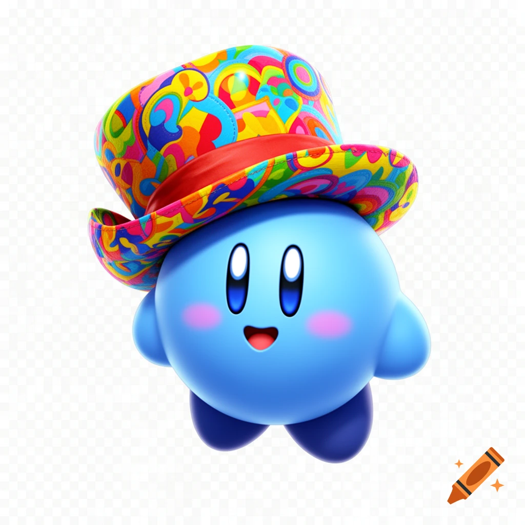 A cute, blue, round Kirby-like character with pink cheeks and a happy expression, wearing a vibrant, multicolored, psychedelic top hat, on a transparent background.
