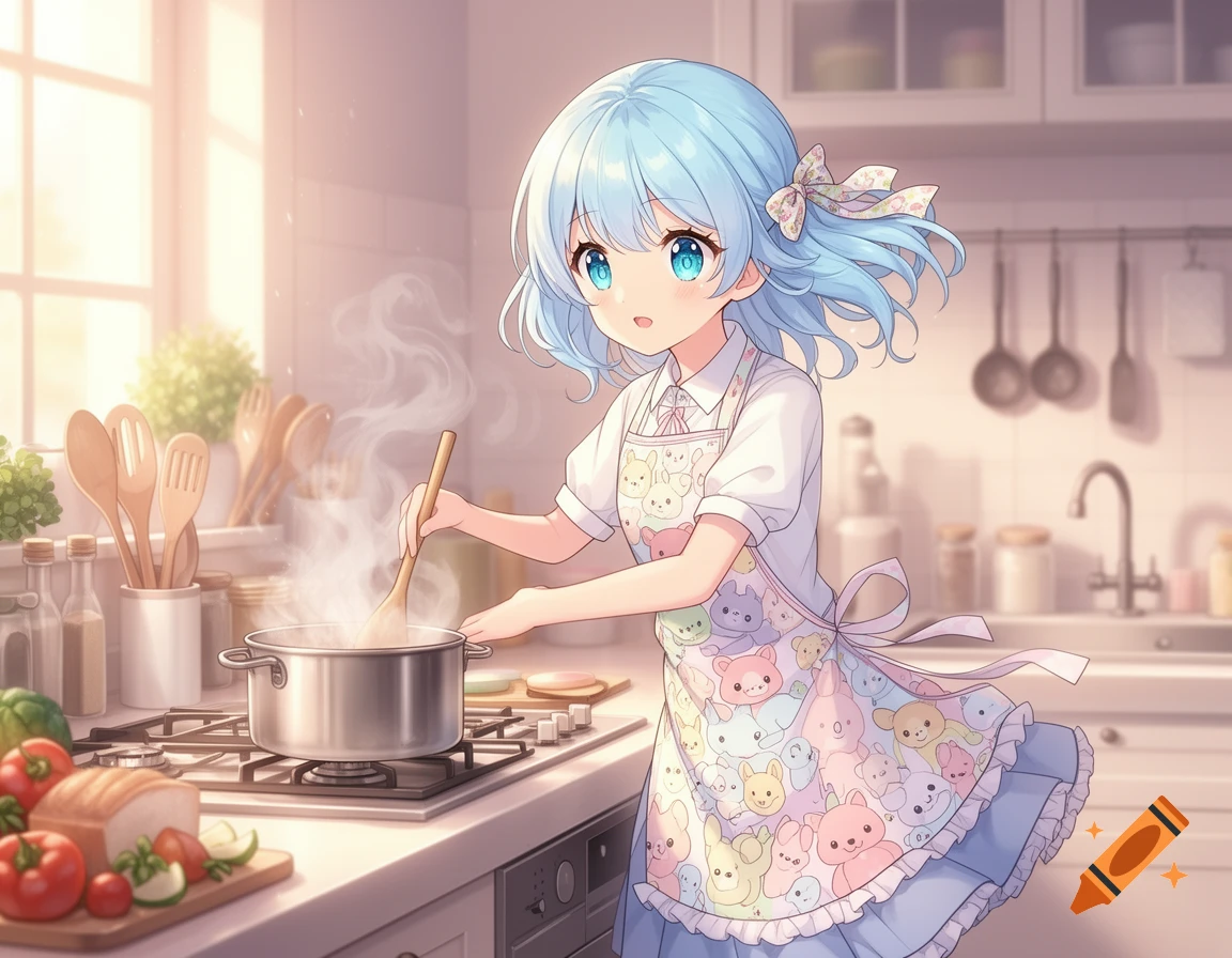 An anime girl with blue hair and a cute animal-patterned apron cooks in a bright kitchen.