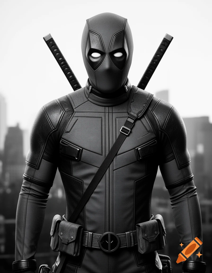 A black and white, detailed, photorealistic portrait of Deadpool in his suit with katanas on his back, against a blurred city background.