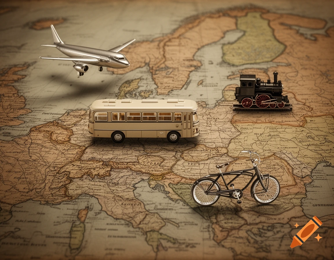 Miniature airplane, bus, train, and bicycle resting on an aged map of Europe, depicting travel.