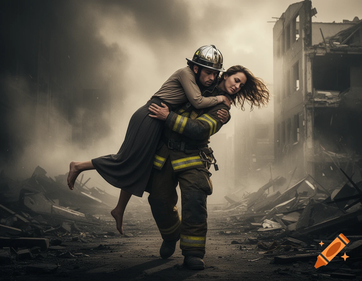 A firefighter carries an unconscious woman through a smoky, debris-filled urban disaster scene.
