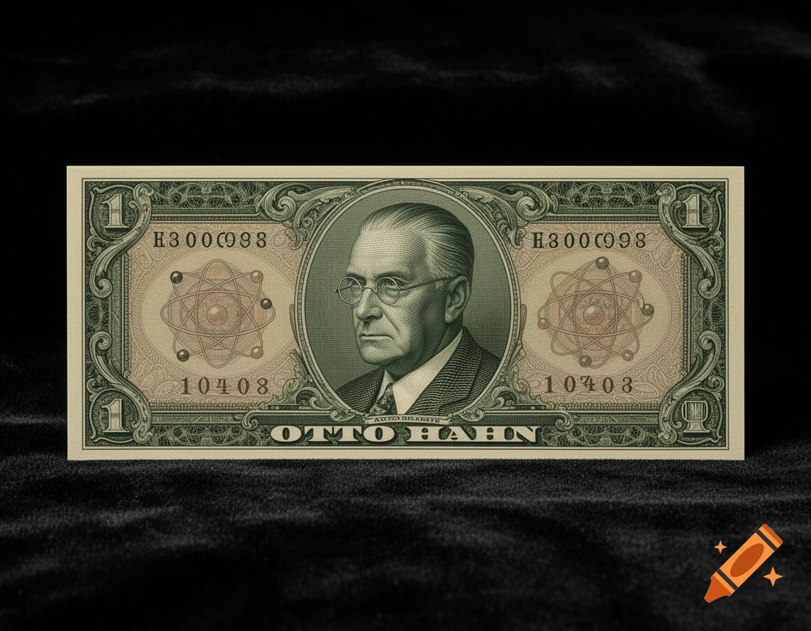 Detailed photorealistic one-dollar bill with a portrait of scientist Otto Hahn, atom symbols, and serial numbers on dark velvet.
