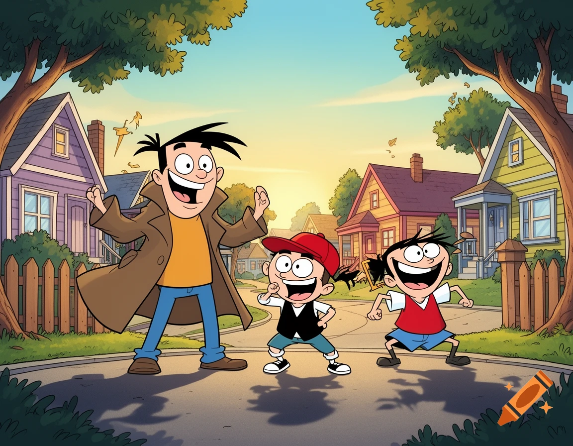 Three happy cartoon characters, two kids and an adult in a trench coat, stand in a sunny suburban neighborhood.