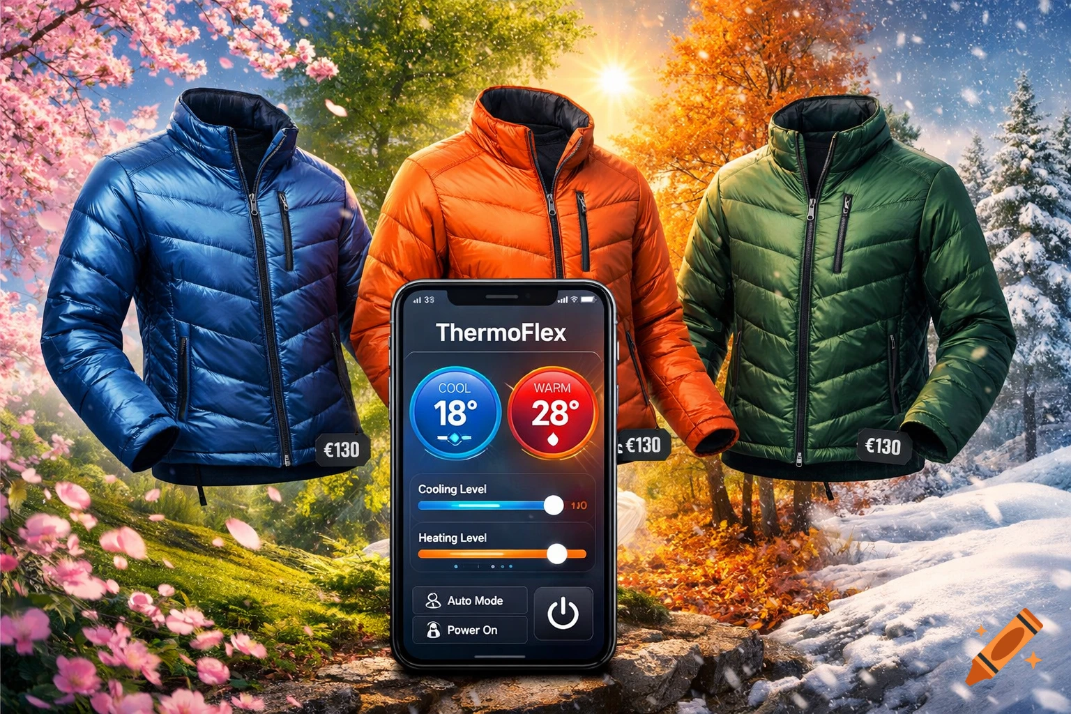 Three puffer jackets in blue, orange, and green float above a landscape depicting all four seasons. A smartphone displaying a "ThermoFlex" app interface, showing cool and warm settings, stands in the foreground, with price tags of "€130" visible.